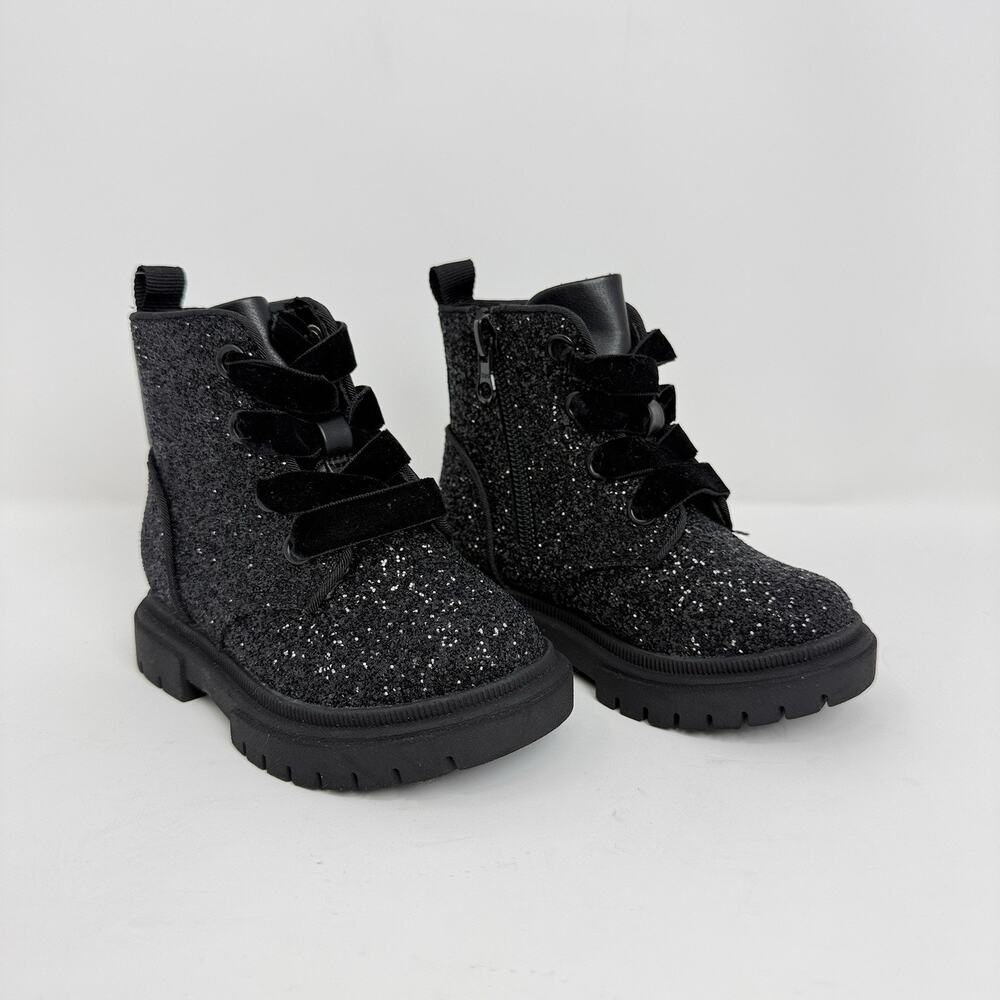 Cat & Jack Khloe Girls Size 6c Black Glitter Combat Ankle Boots Velvet Laces